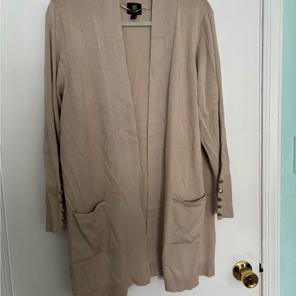 Beige Open Front Cardigan with Button Detail